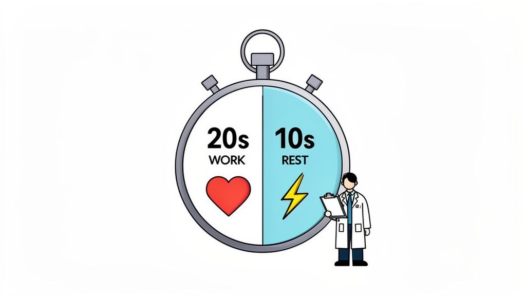 A stopwatch showing 20s work with a heart icon and 10s rest with a lightning bolt, beside a doctor.