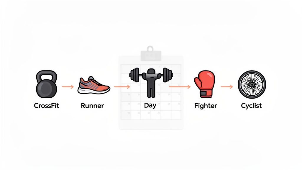 Icons depicting a weekly fitness schedule including CrossFit, running, weightlifting, fighting, and cycling.