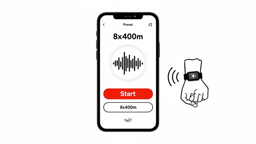 A smartphone displays a running interval timer app for '8x400m' workouts, connecting wirelessly to a smartwatch.