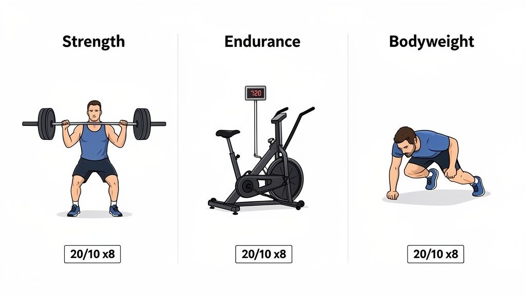 Three exercise categories: strength with a barbell, endurance on a air bike, and bodyweight, all suitable for Tabata training.