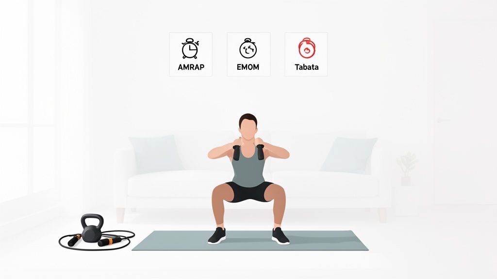 Person performing dumbbell squats at home, with AMRAP, EMOM, and Tabata workout options displayed.