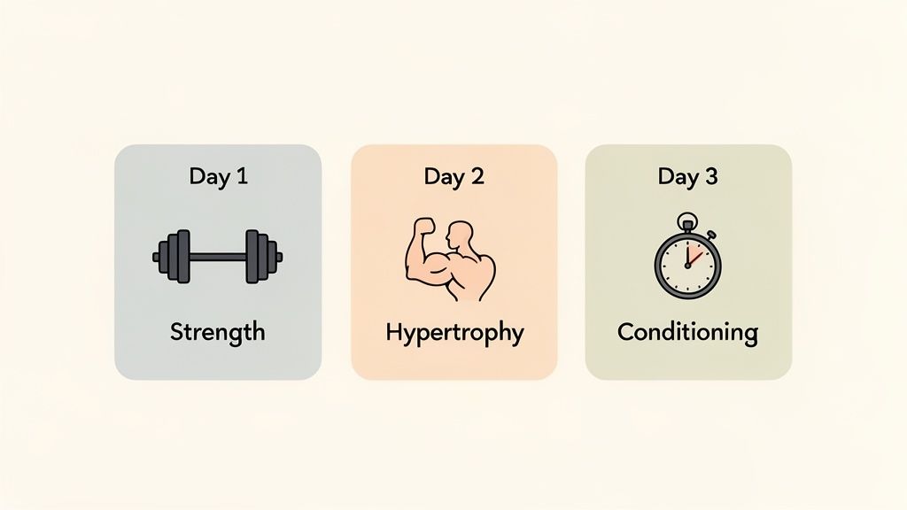 Three workout cards illustrating a 3-day training split for strength, hypertrophy, and conditioning.
