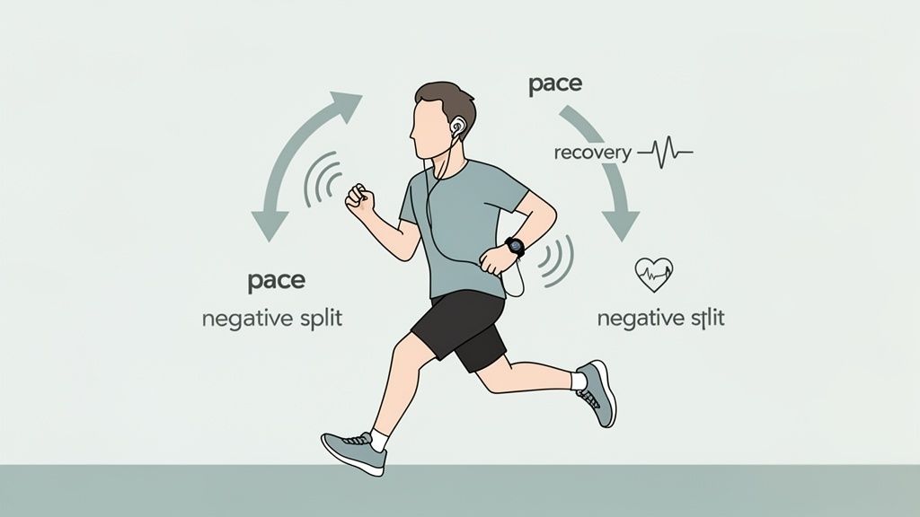 Illustration of a runner with a smartwatch and headphones, demonstrating pace, recovery, and negative splits with related icons.