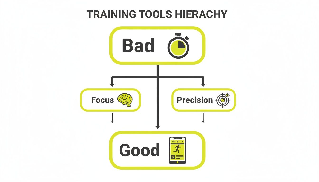 Hierarchy of training tools, showing 'Bad' (timer) versus 'Good' (app), emphasizing focus and precision.