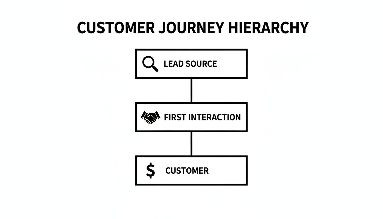 A customer journey hierarchy diagram showing Lead Source, First Interaction, and Customer stages.