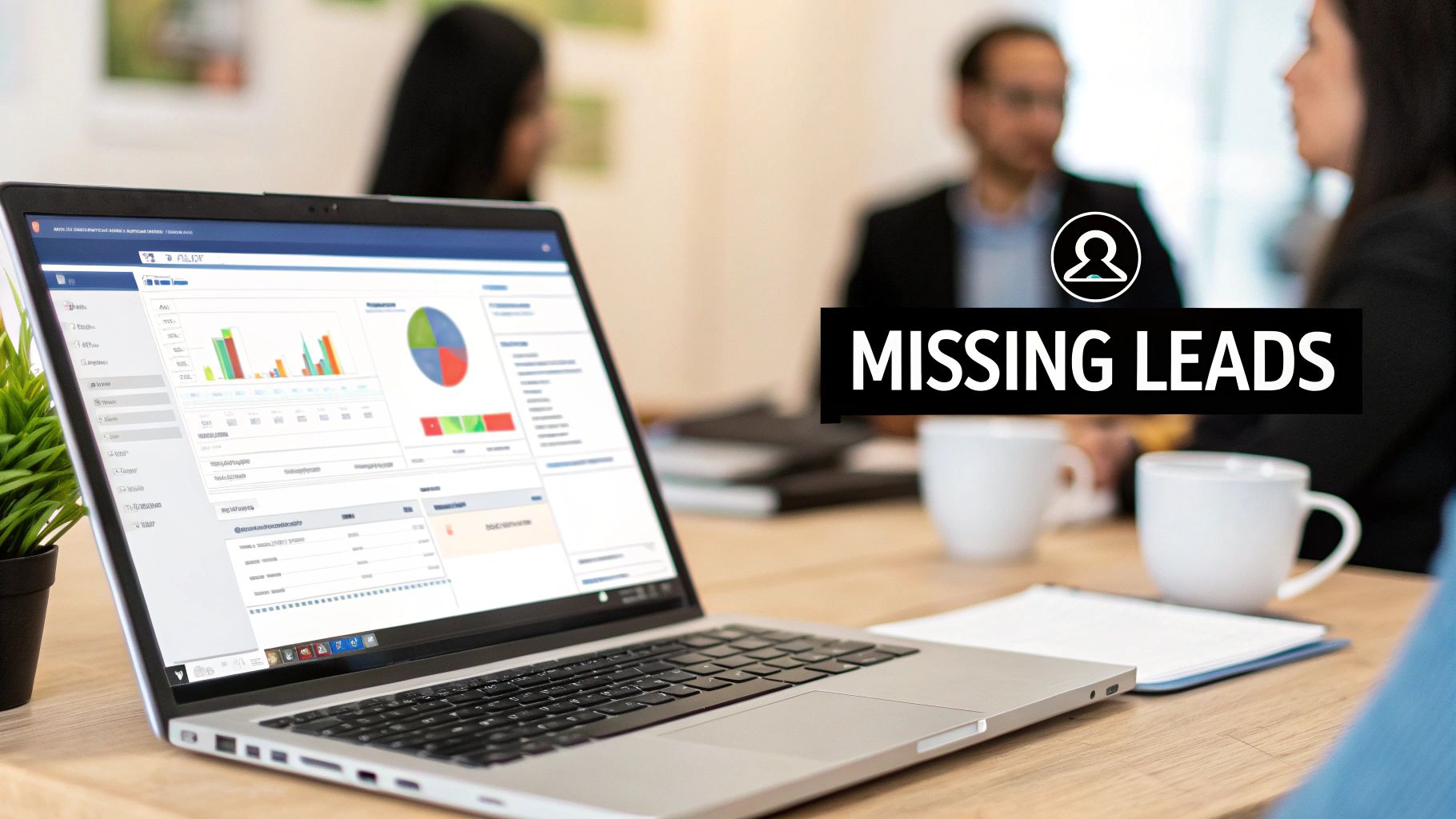 Laptop displaying a business dashboard with charts and 'MISSING LEADS' text in a meeting setting.