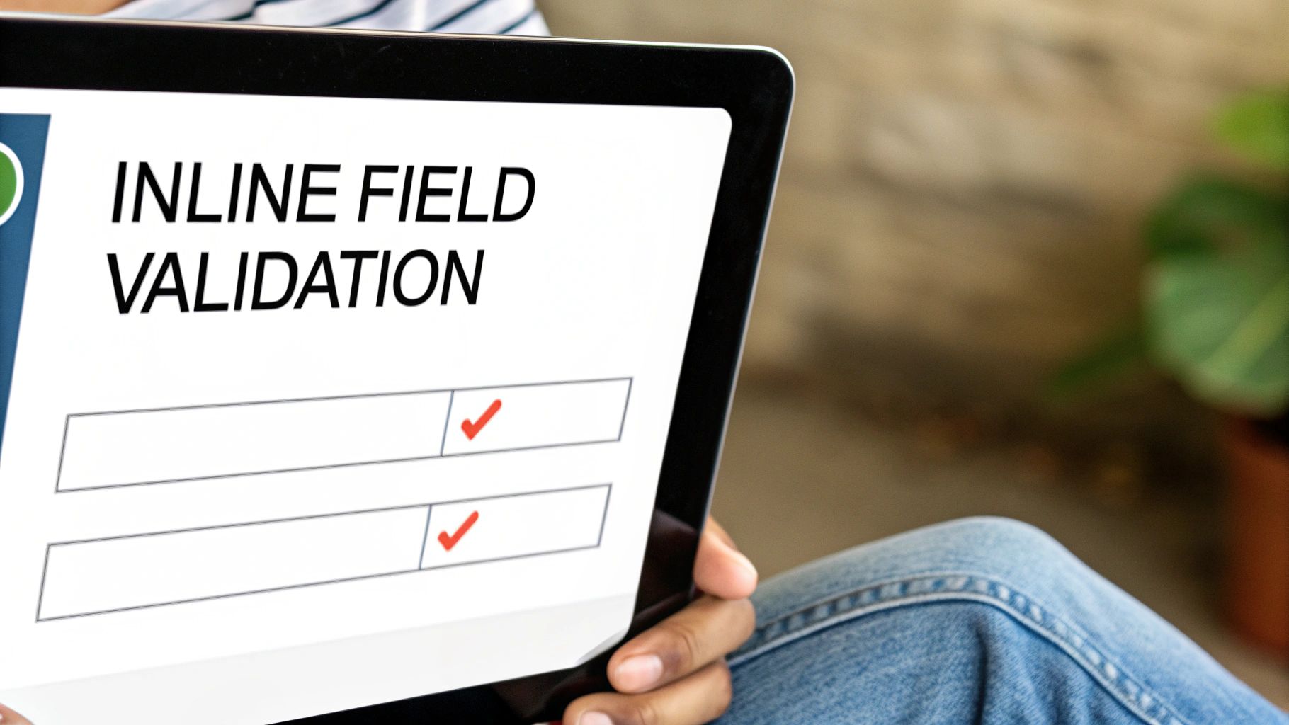 A person holds a tablet displaying 'Inline Field Validation' with two successfully validated input fields.
