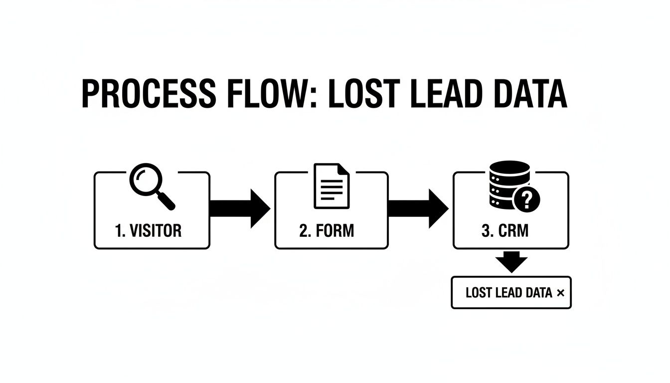 A process flow diagram showing the steps of a lead's journey from visitor to CRM, resulting in lost lead data.