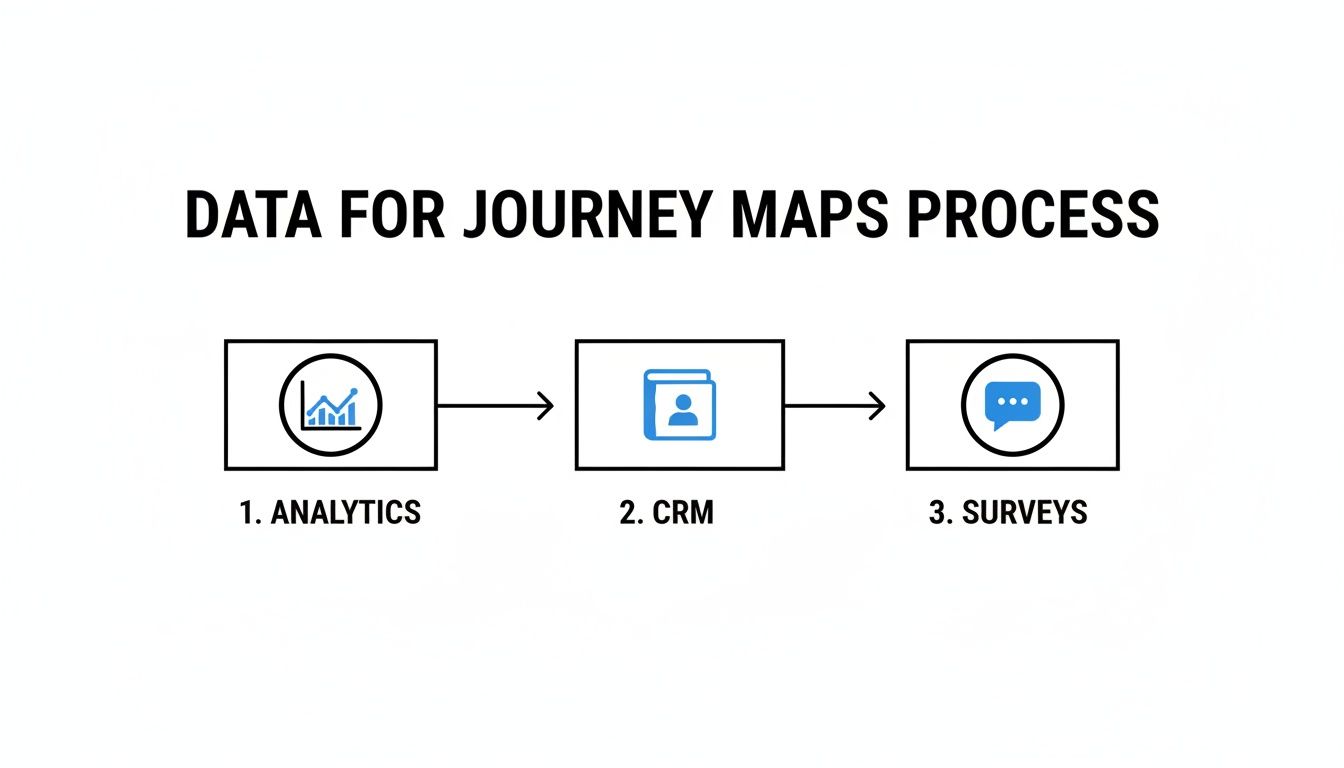 A diagram illustrates the data for journey maps process: Analytics, CRM, and Surveys, shown sequentially.