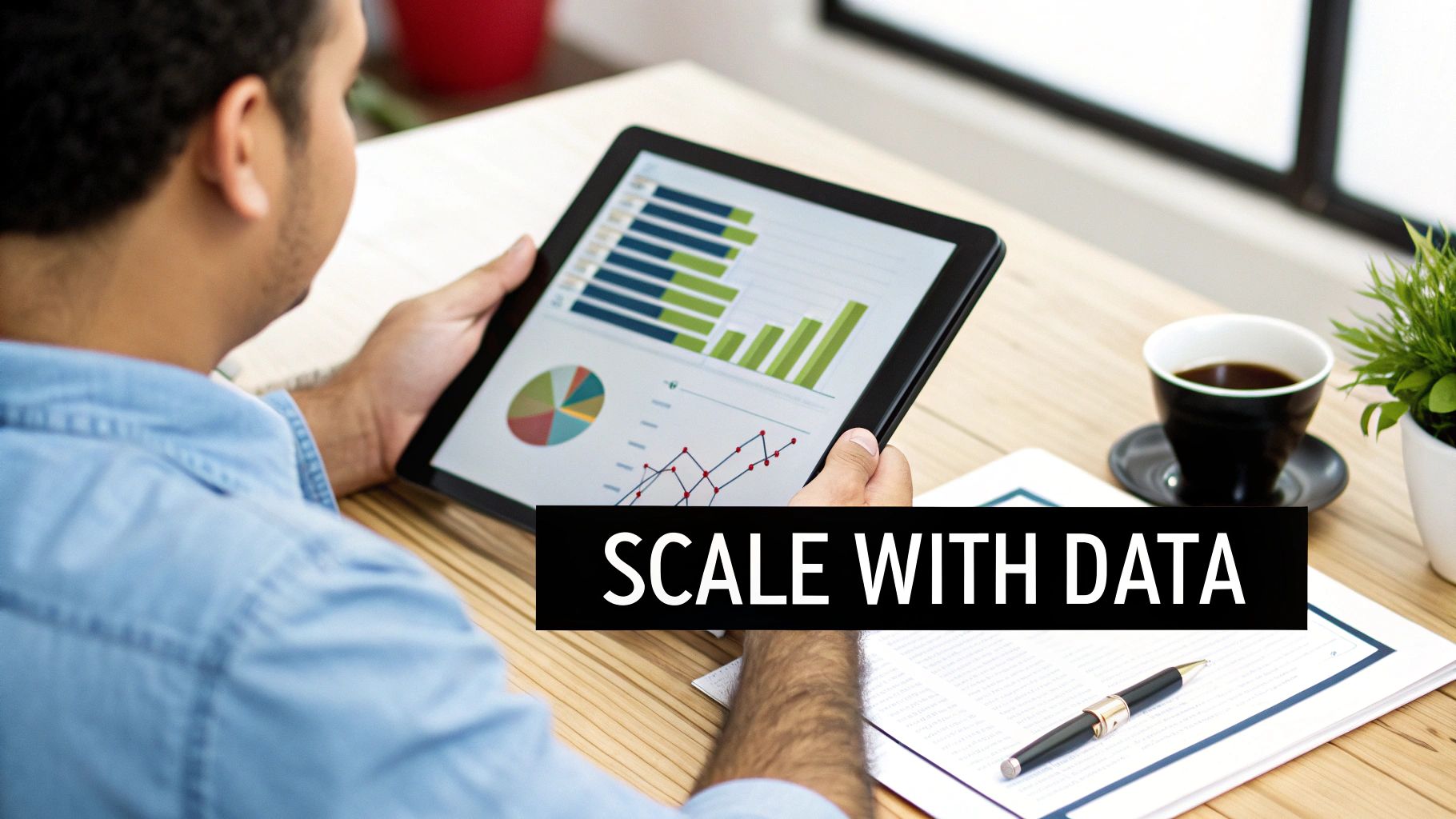 A person reviews business data visualizations on a tablet, sitting at a desk with coffee.