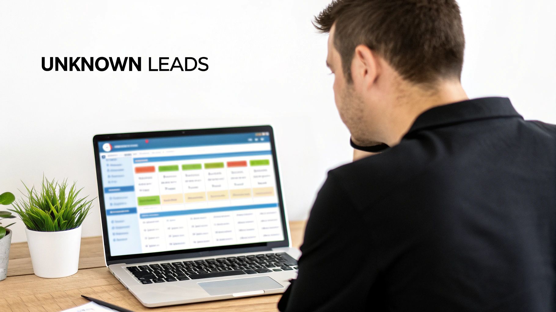 A man views a laptop dashboard displaying business data, with 'UNKNOWN LEADS' text on the wall.