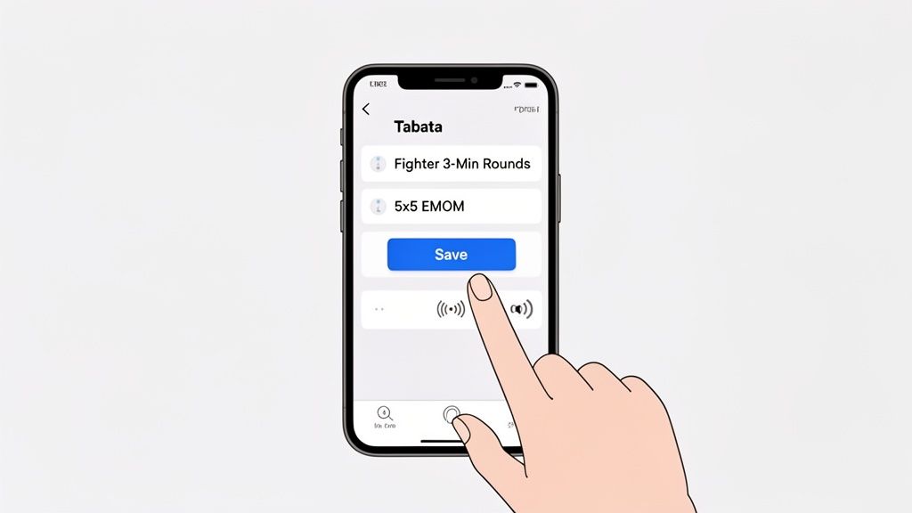 A hand presses the 'Save' button in a fitness app displaying Tabata workout options on a smartphone.