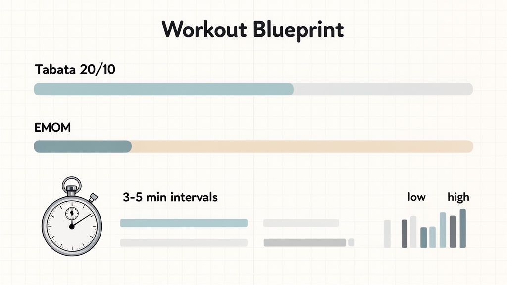 A workout blueprint illustrating different training methods: Tabata, EMOM, intervals, and intensity levels.