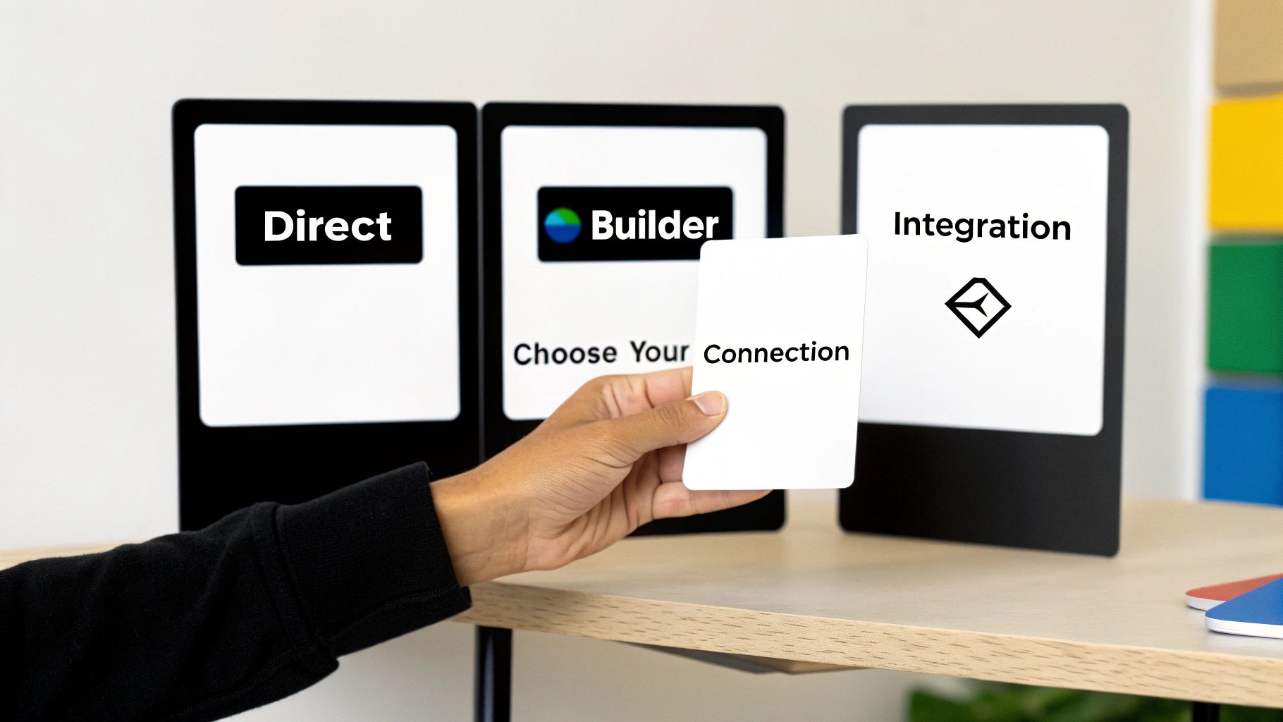 A hand holds a 'Choose Your Connection' card near screens displaying 'Direct', 'Builder', and 'Integration' options.