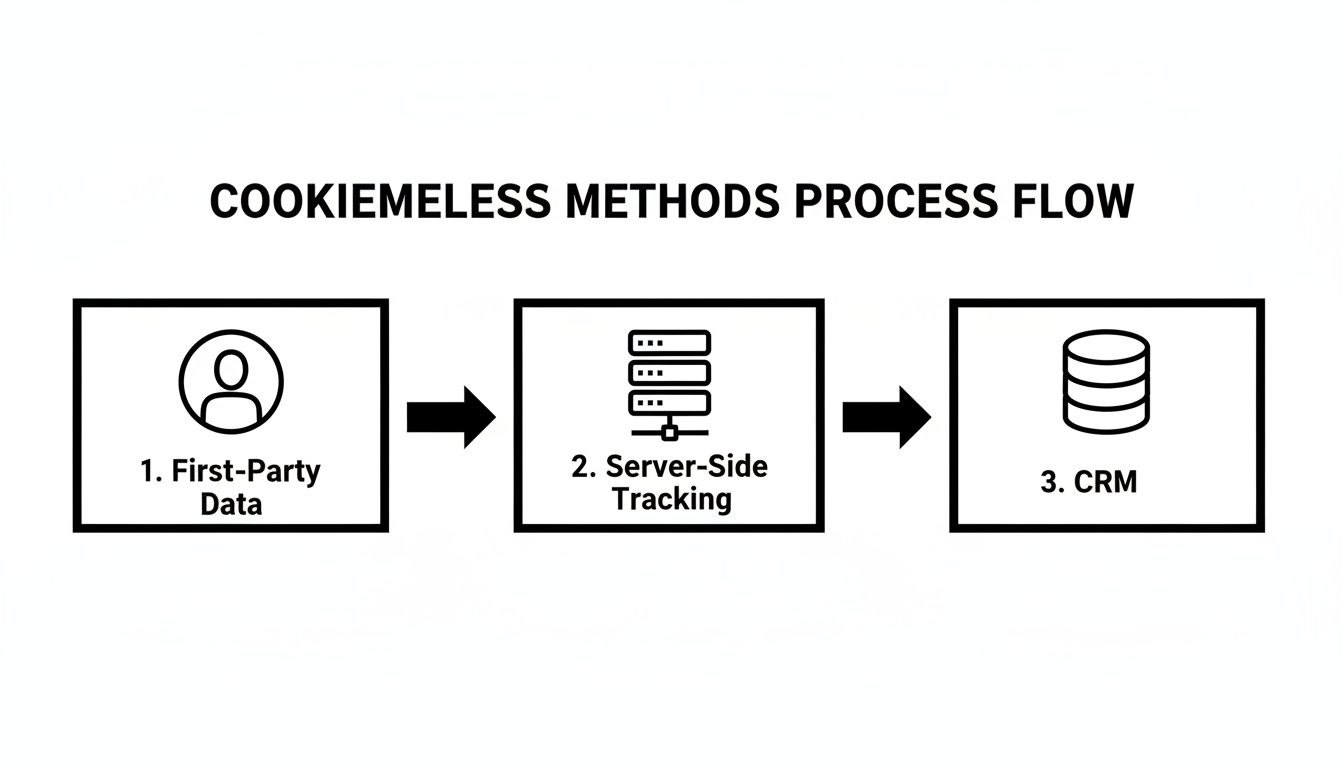 Flowchart showing cookieless data methods: First-Party Data feeds into Server-Side Tracking, then to CRM.