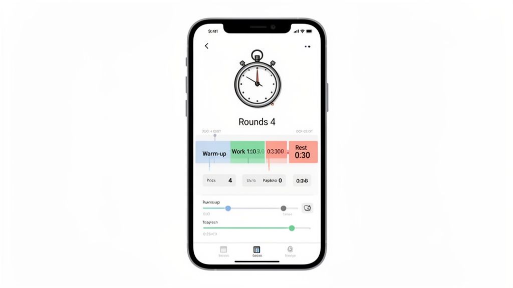 An iPhone displays a workout app showing 4 rounds with warm-up, work, and rest intervals.