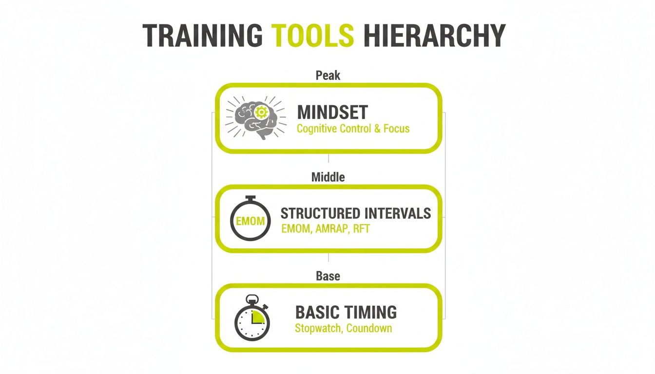 A diagram showing the hierarchy of training tools: Mindset, Structured Intervals, and Basic Timing.