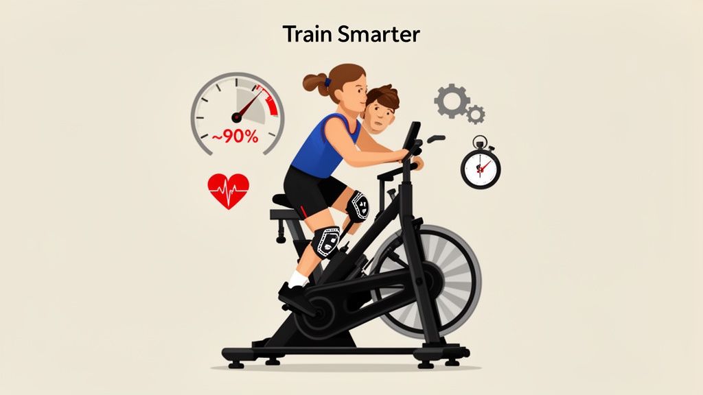 An illustration of a person on a stationary bike, training smarter with heart rate, intensity, and time tracking.