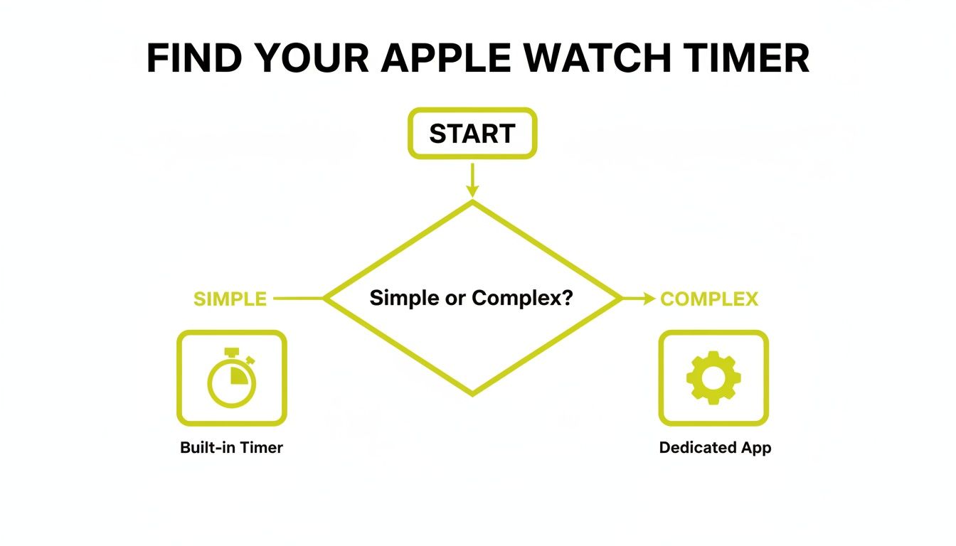 Flowchart: Find your Apple Watch timer. Choose 'Simple' for built-in or 'Complex' for a dedicated app.