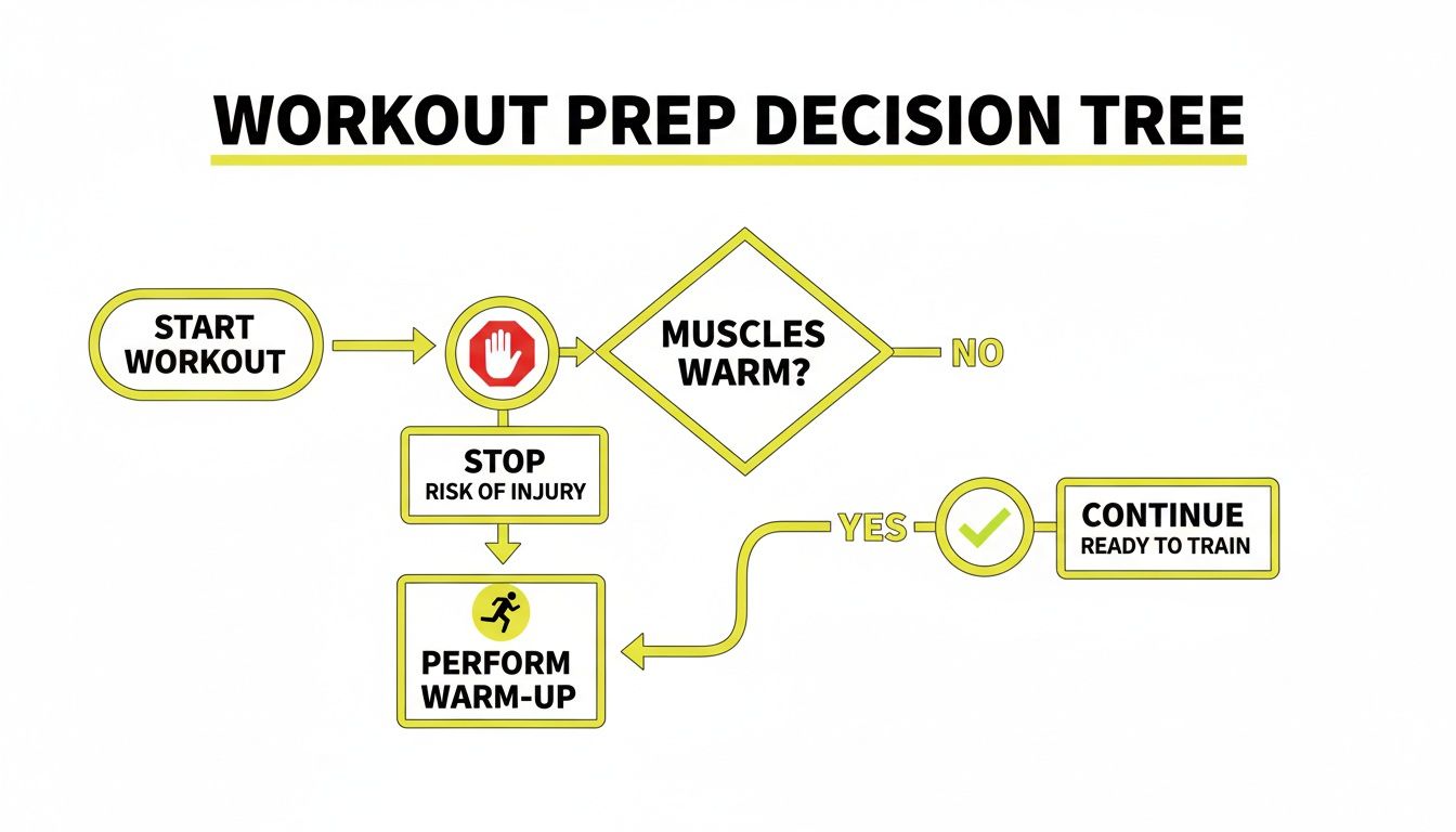 A flowchart for workout preparation showing steps: Start Workout, check if Muscles Warm?, Stop if not, Perform Warm-Up, then Continue Ready to Train.
