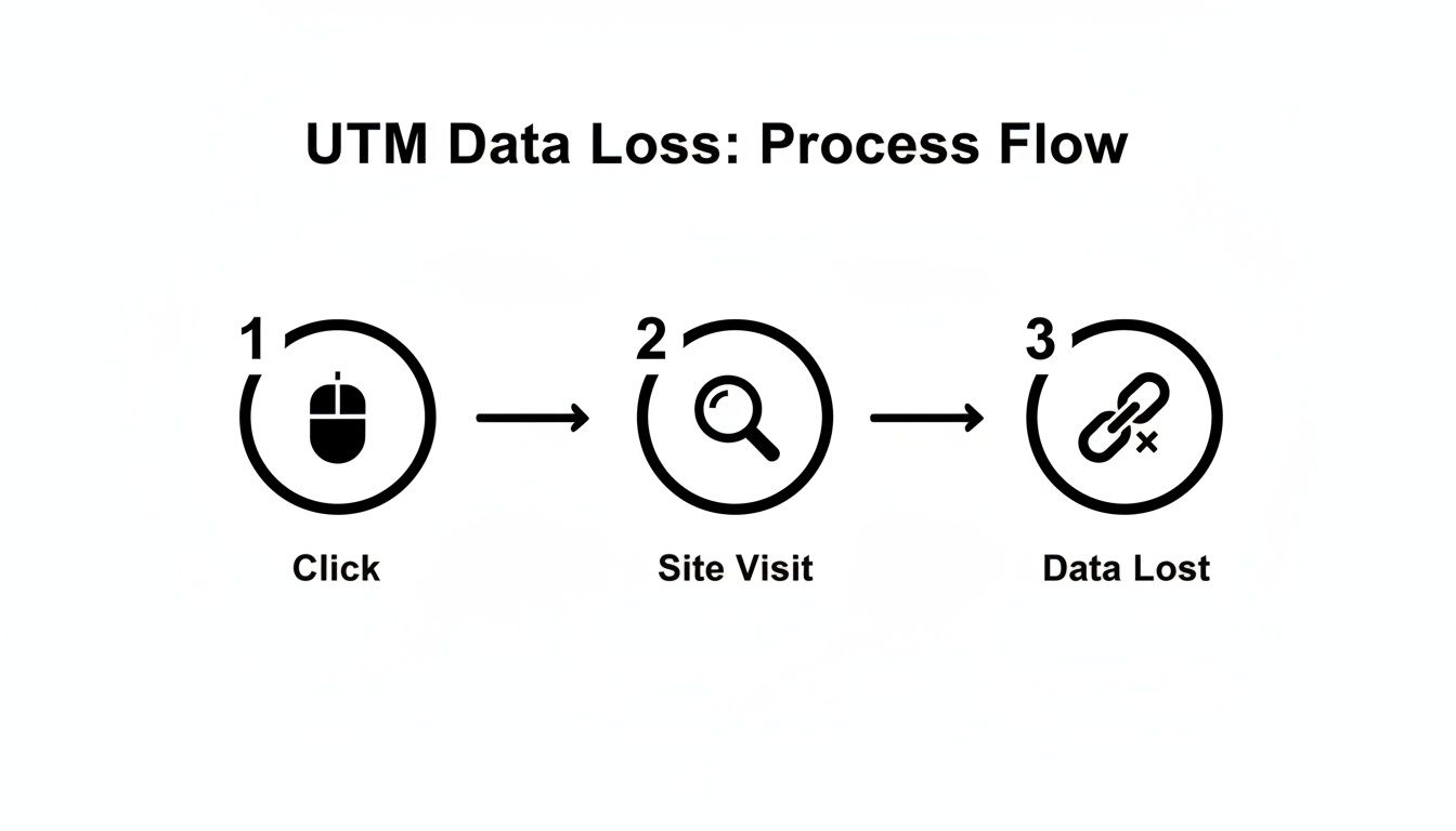 A three-step process flow illustrating UTM data loss, from click to site visit to data loss, with icons.