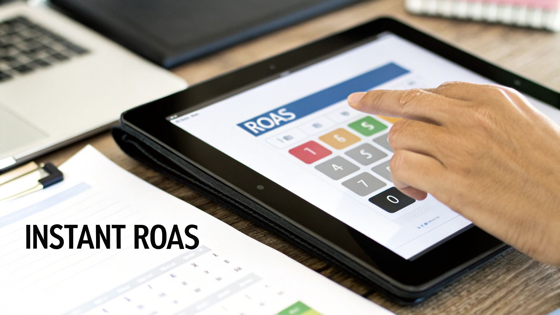 A person calculates Return On Ad Spend (ROAS) on a tablet calculator app, with business papers.