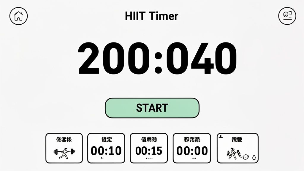 A HIIT timer app interface displaying 200:040, a start button, and multiple exercise duration options.