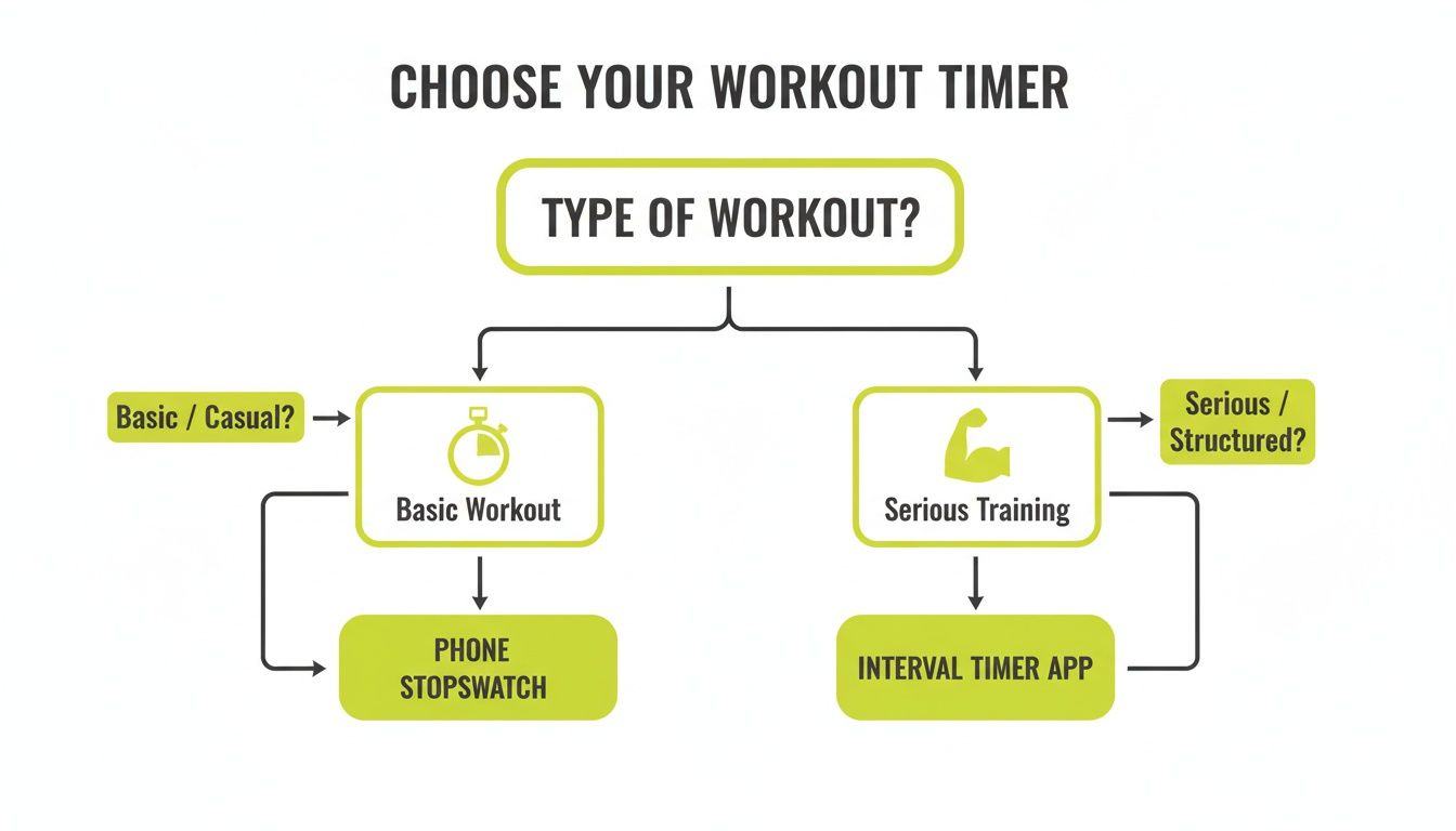 Flowchart guiding users to choose workout timers based on workout intensity and type.