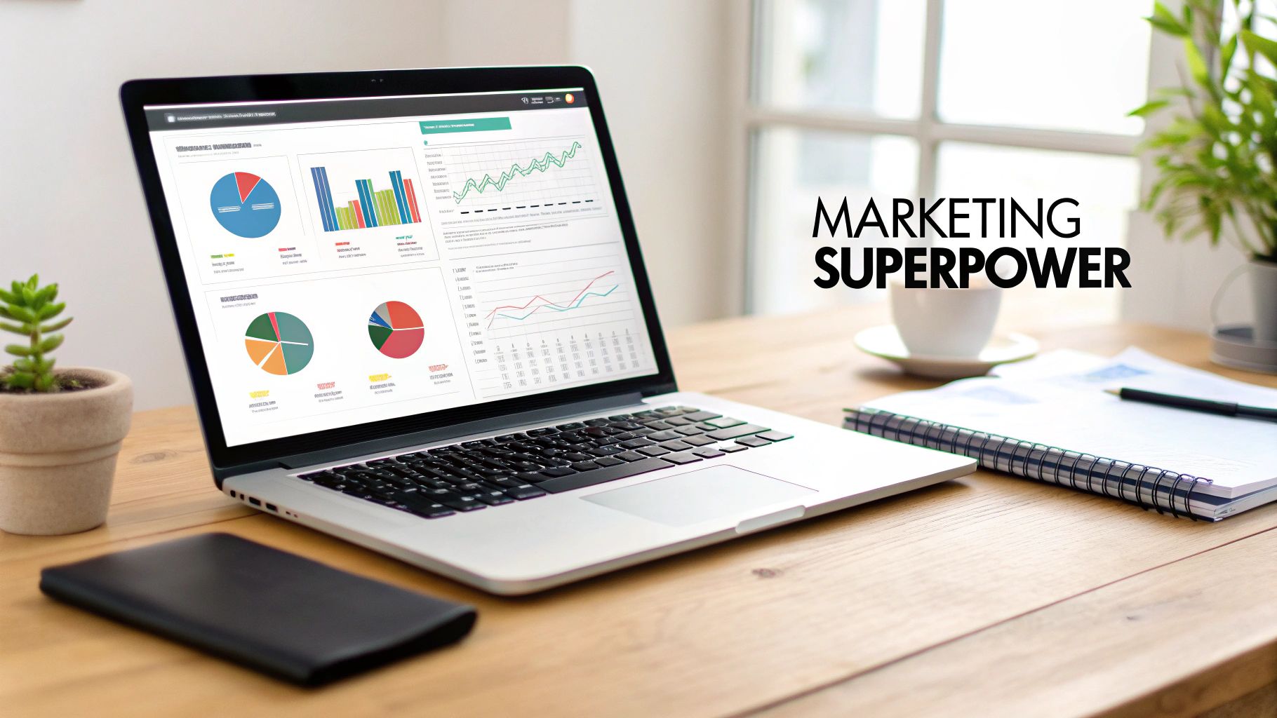 A laptop on a wooden desk displays marketing data charts and graphs, with a coffee cup and notebook nearby. Text: Marketing Superpower.