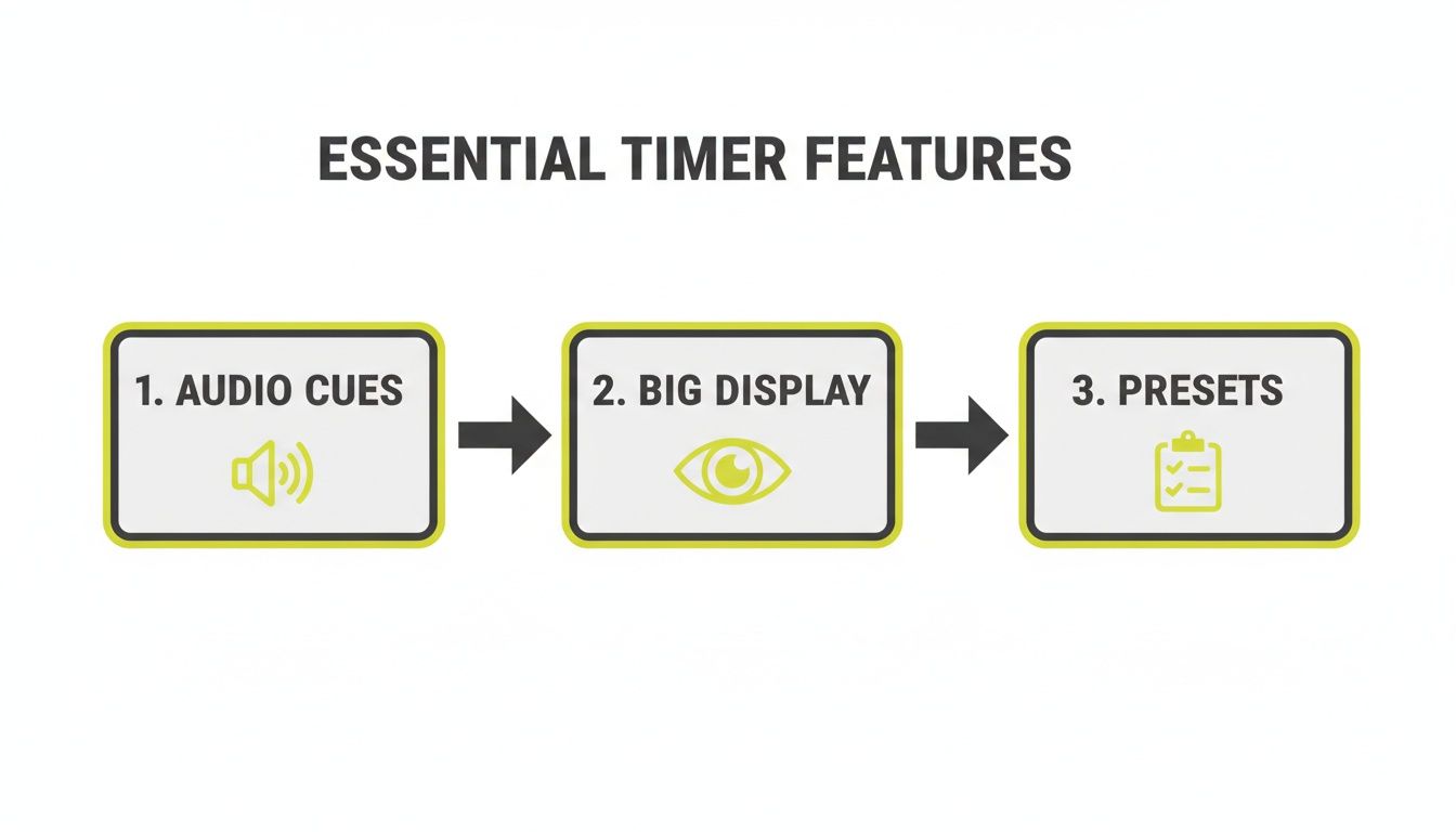 Flowchart illustrating essential timer features: audio cues, big display, and presets, connected by arrows.