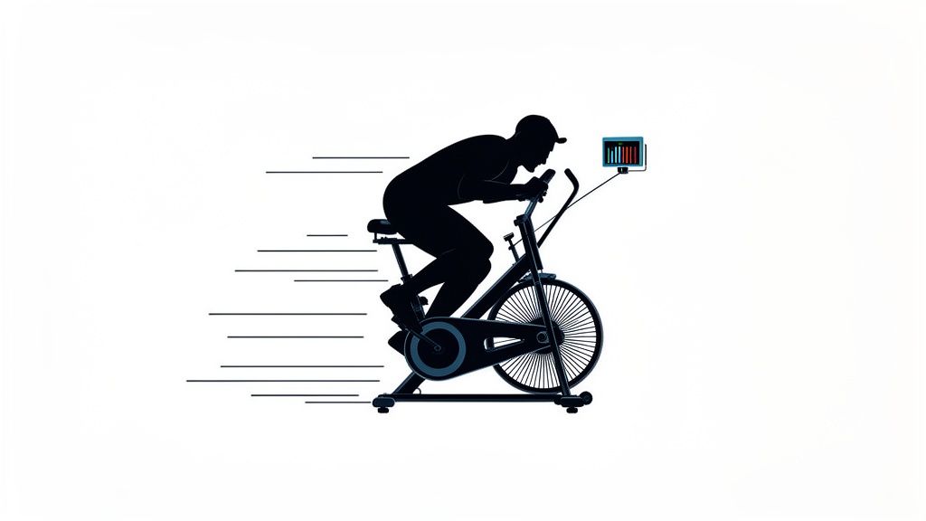 Silhouette of a person vigorously riding a stationary exercise bike with a screen displaying data.