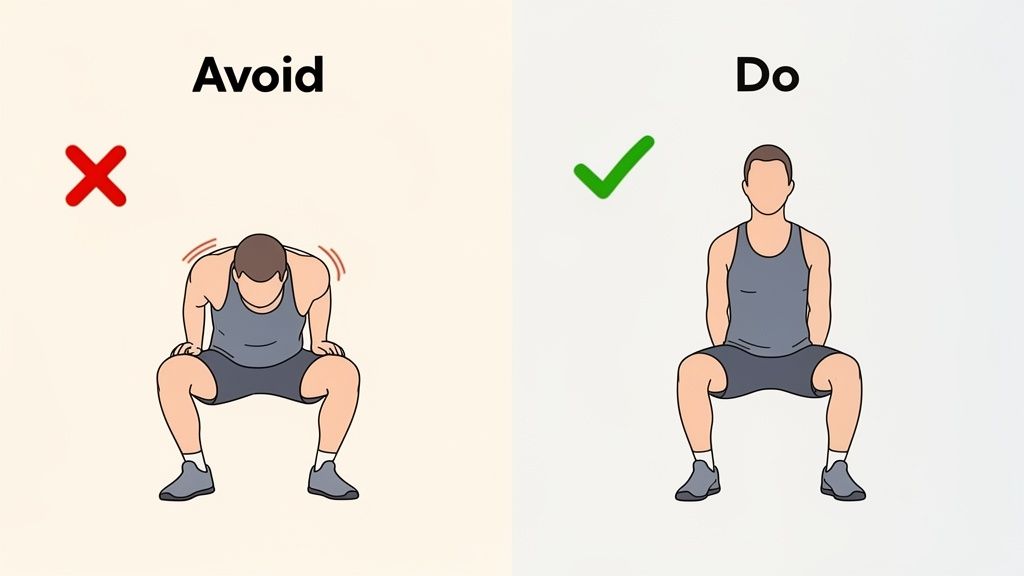 Illustration comparing incorrect (rounded back) and correct (straight back) squat exercise form for proper posture.