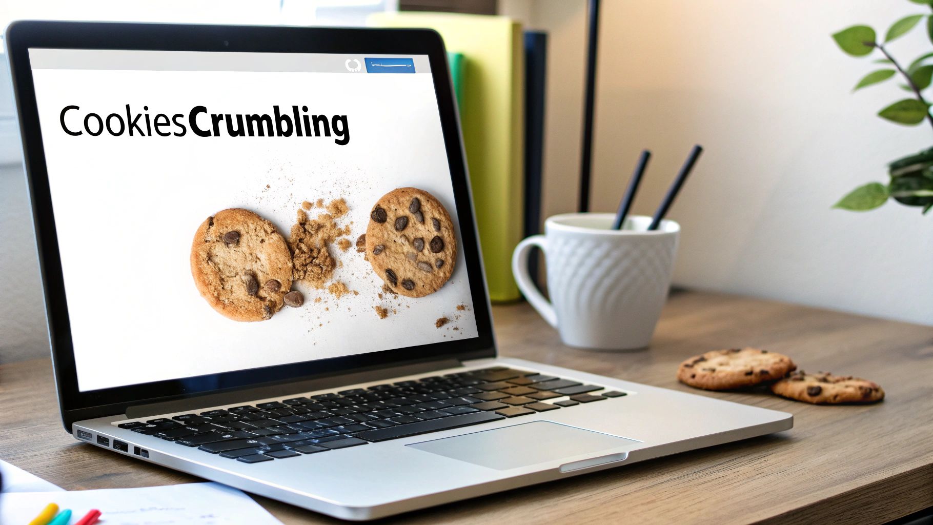 A laptop screen displays 'Cookies Crumbiling' text with chocolate chip cookies, one breaking apart.