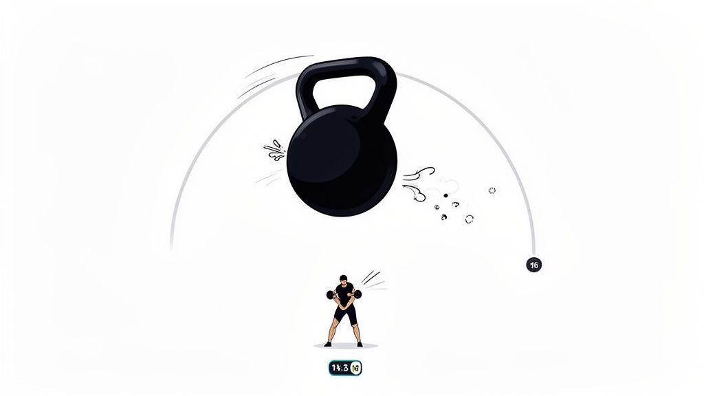 Illustration of a person doing kettlebell swings with a large black kettlebell.
