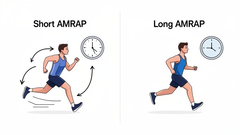 A visual comparison of short versus long AMRAP workouts, featuring a runner and different clock durations.