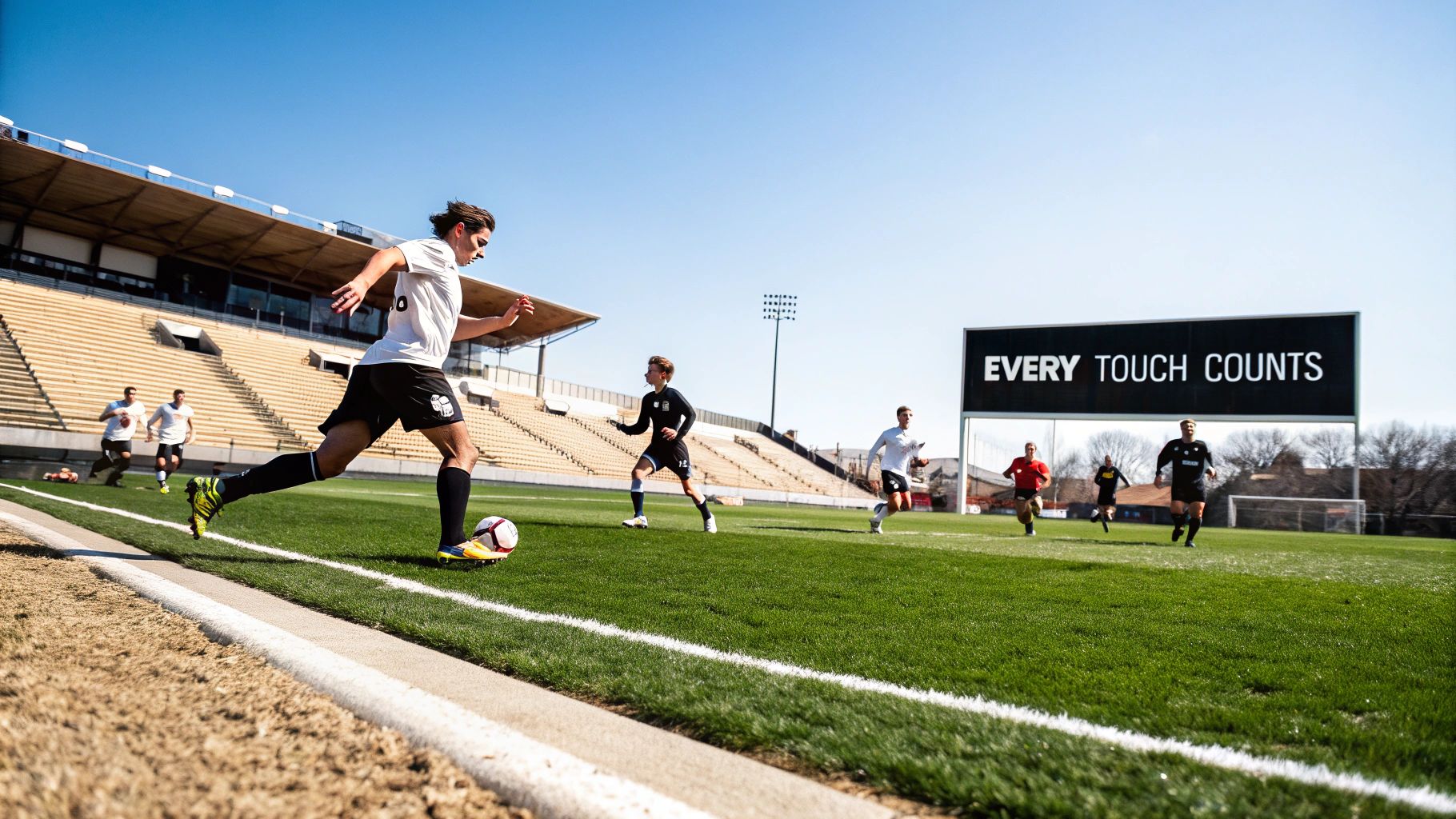 A soccer player dribbles a ball on a green field with teammates and stadium stands in the background.