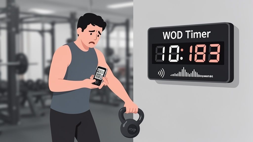 A tired man in a gym checks his phone while holding a kettlebell, next to a WOD timer.