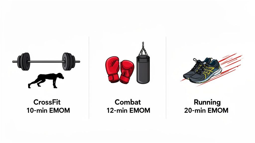 Three illustrations show CrossFit (10-min EMOM), Combat (12-min EMOM), and Running (20-min EMOM) exercises.