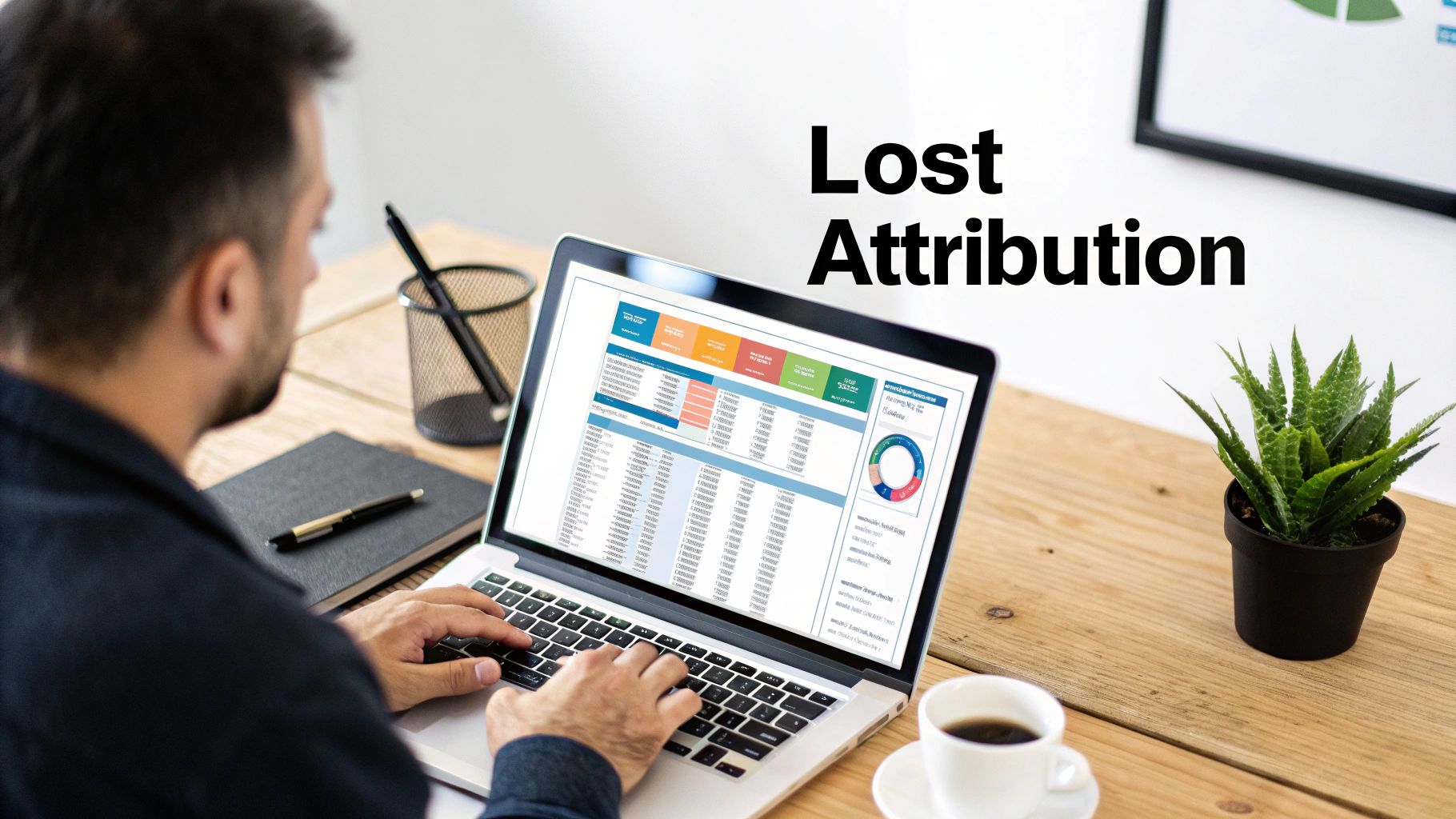 A person works on a laptop displaying data analysis and charts, with 'Lost Attribution' text on the wall.