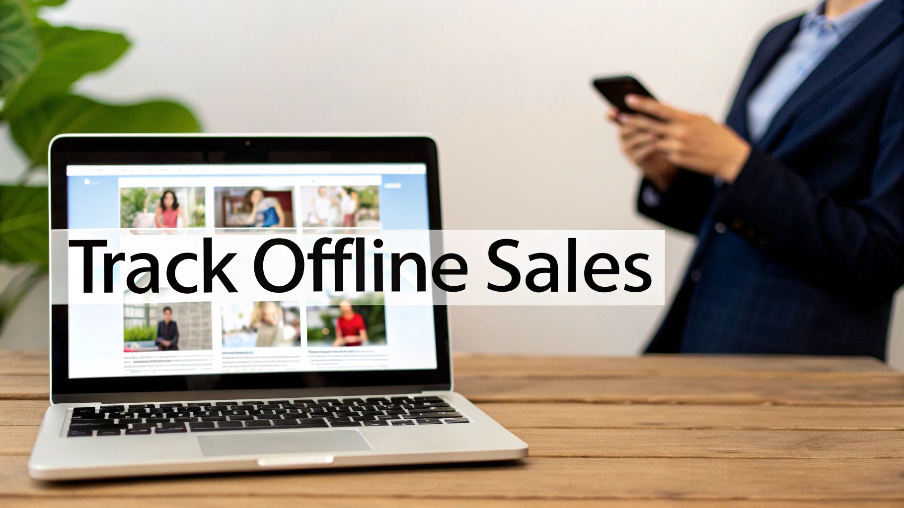 A laptop on a wooden desk displays 'Track Offline Sales' with a person using a smartphone in the background.