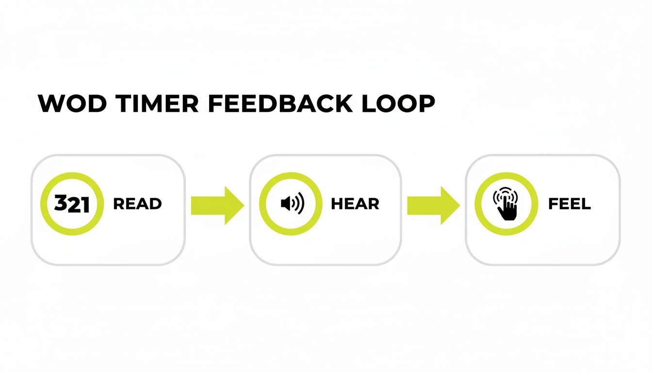 Flowchart illustrating a WOD timer feedback loop through visual countdown, audio cues, and haptic feedback.