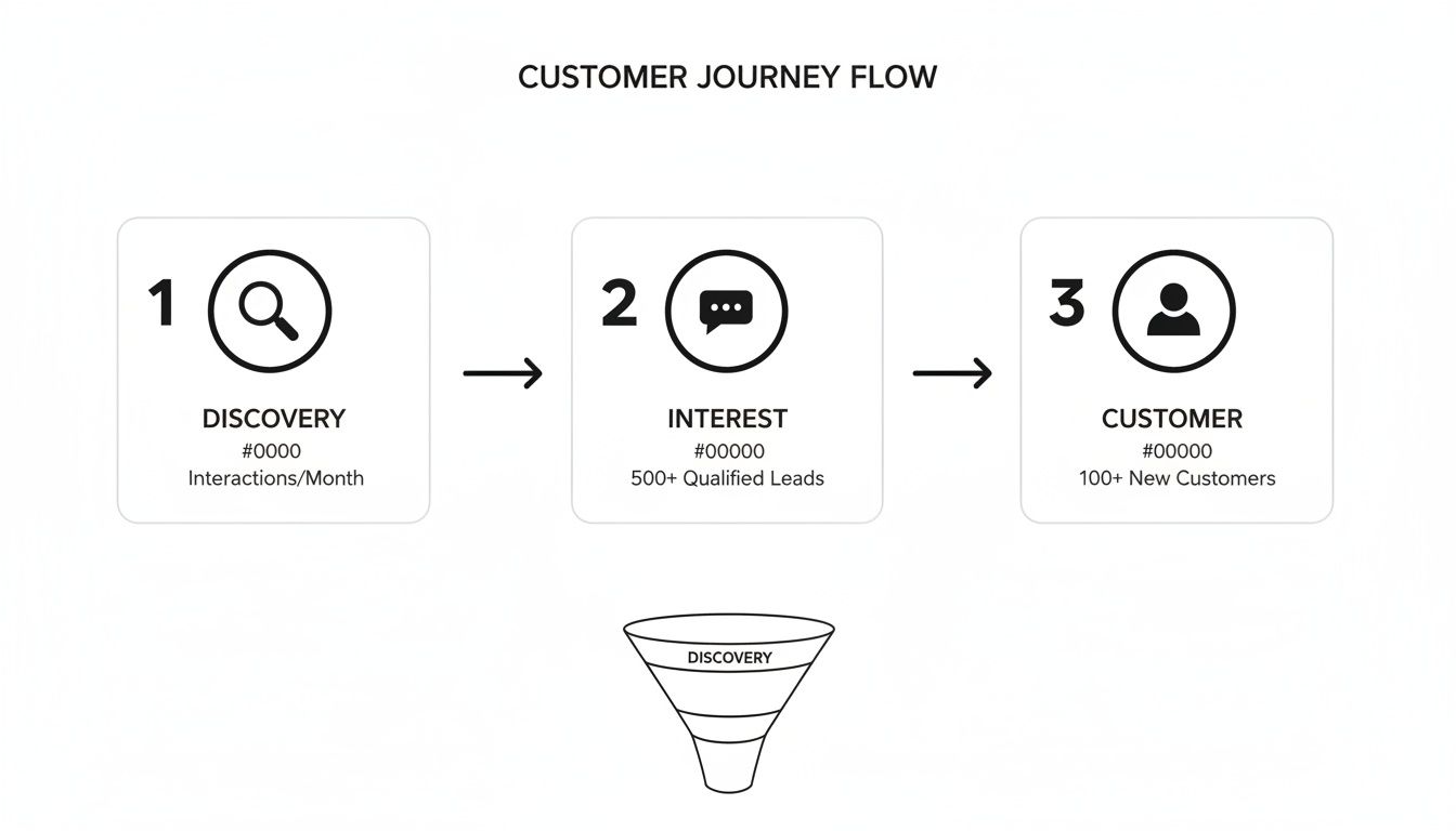 Customer journey flow diagram illustrating Discovery, Interest, and Customer stages with metrics and a discovery funnel.