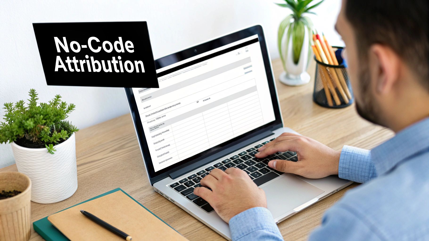 A person works on a laptop at a desk, with a 'No-Code Attribution' banner in the foreground.