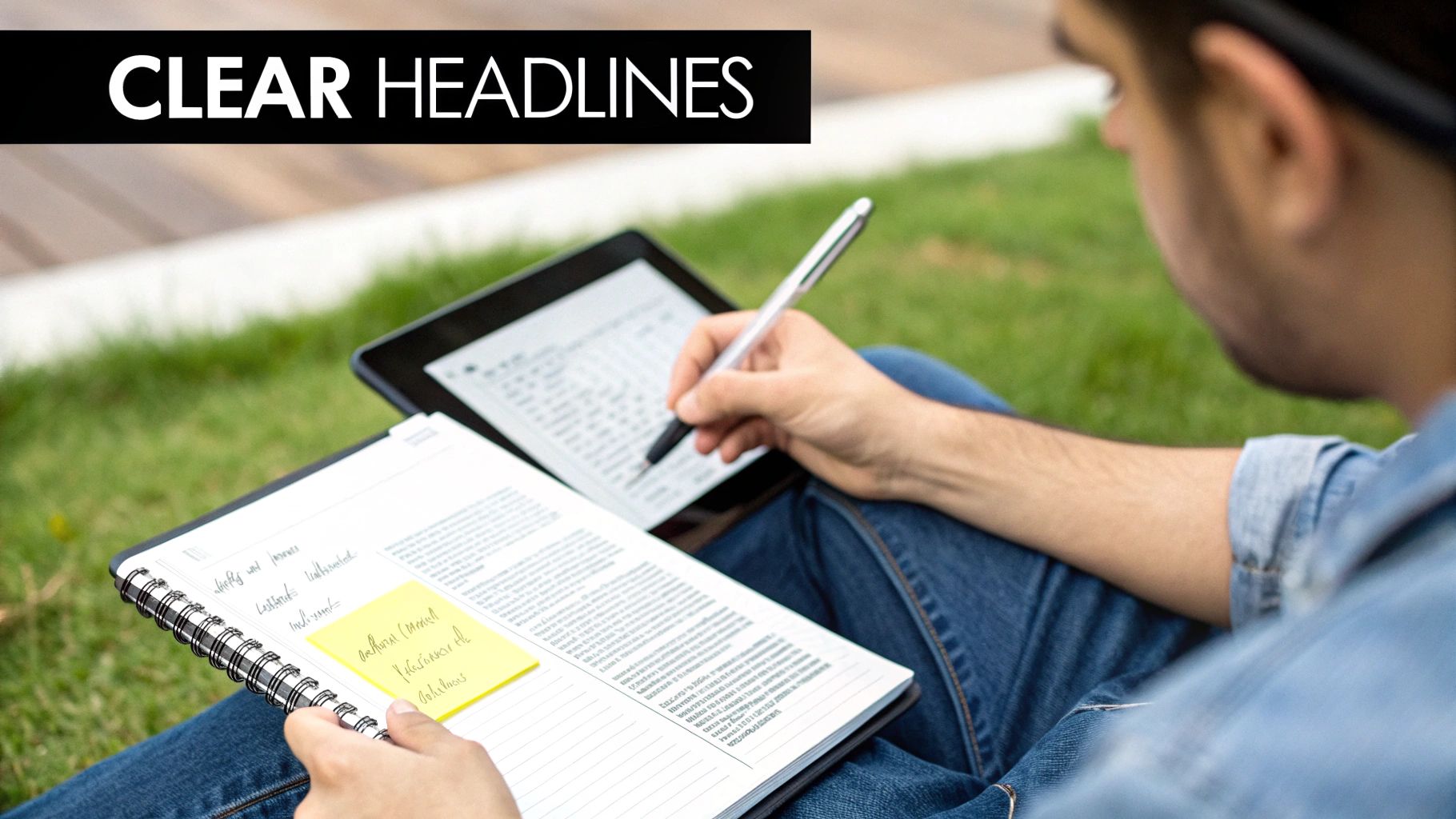 Person outdoors, writing notes in a spiral notebook from an e-reader on green grass.