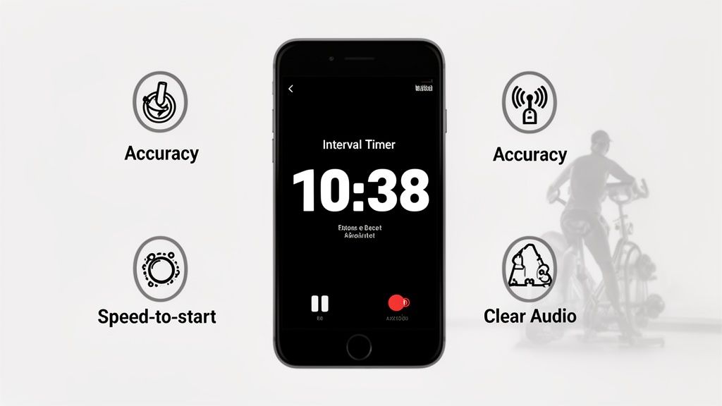Smartphone displaying an interval timer app with features for accuracy, speed-to-start, and clear audio.