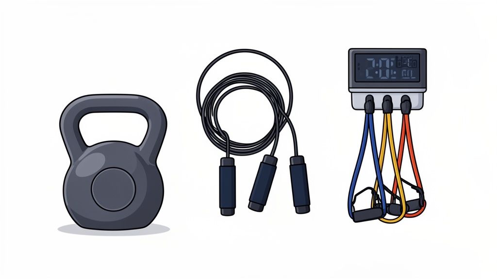 A kettlebell, jump rope, and resistance bands with a timer for home workouts.
