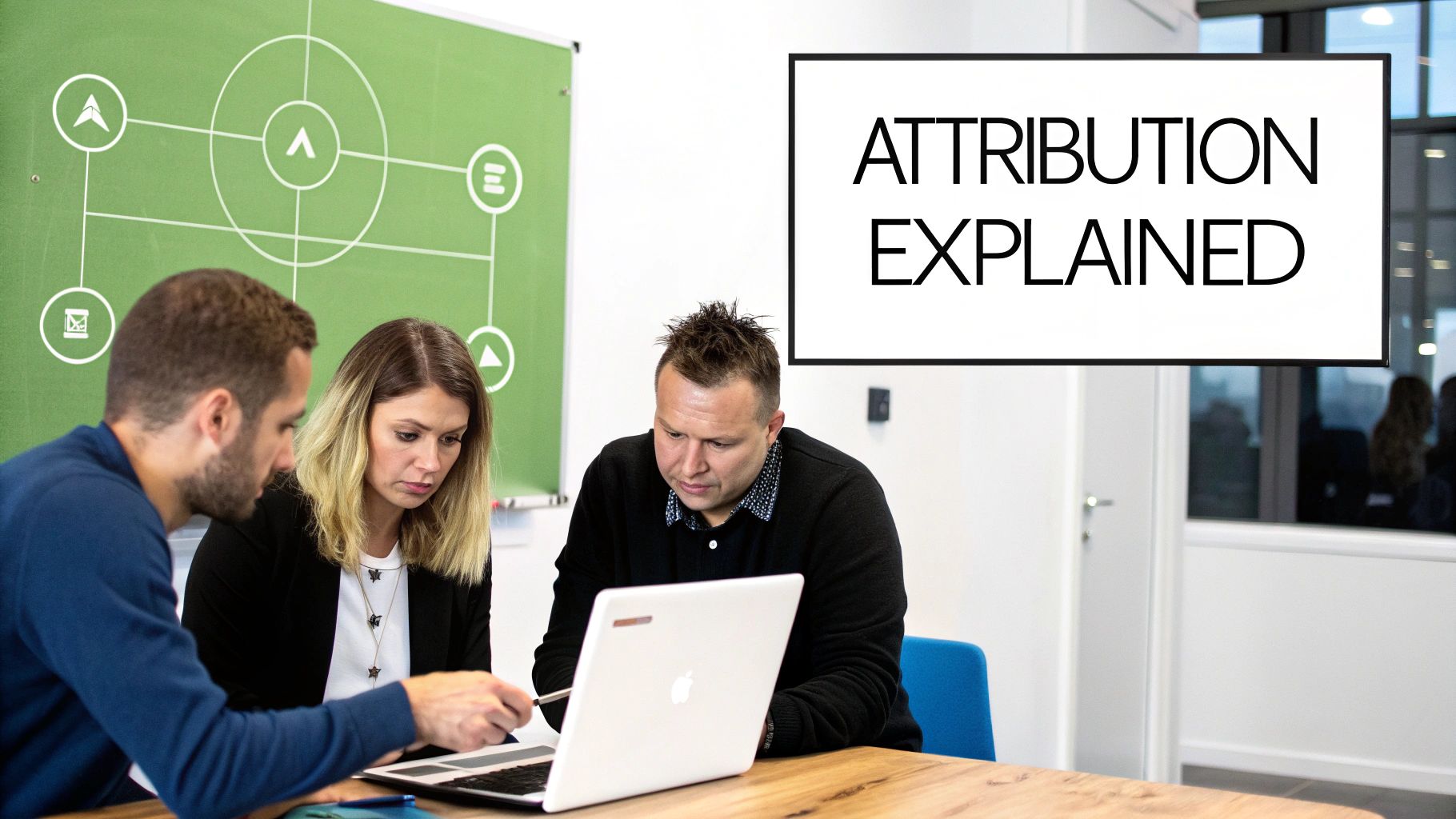 Three colleagues analyze data on a laptop, with an 'ATTRIBUTION EXPLAINED' sign visible in the background.