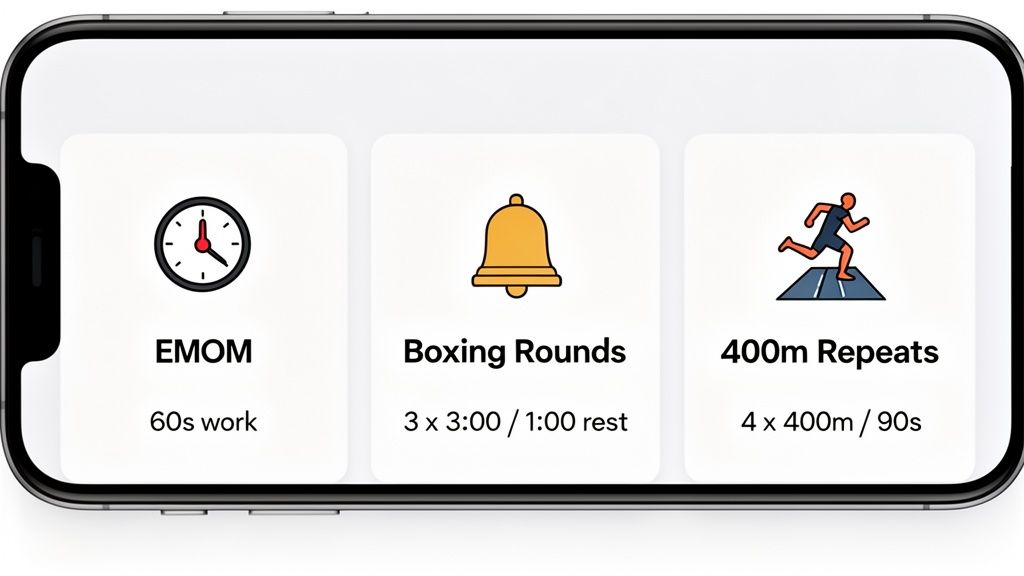 A smartphone screen displays three distinct workout timers: EMOM, Boxing Rounds, and 400m Repeats.