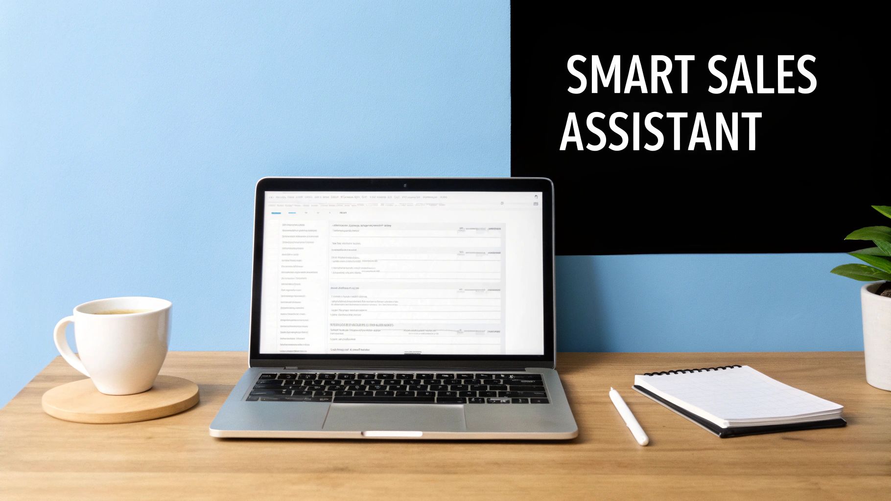 A desk setup featuring a laptop displaying a web form, coffee, notebook, and 'SMART SALES ASSISTANT' text.