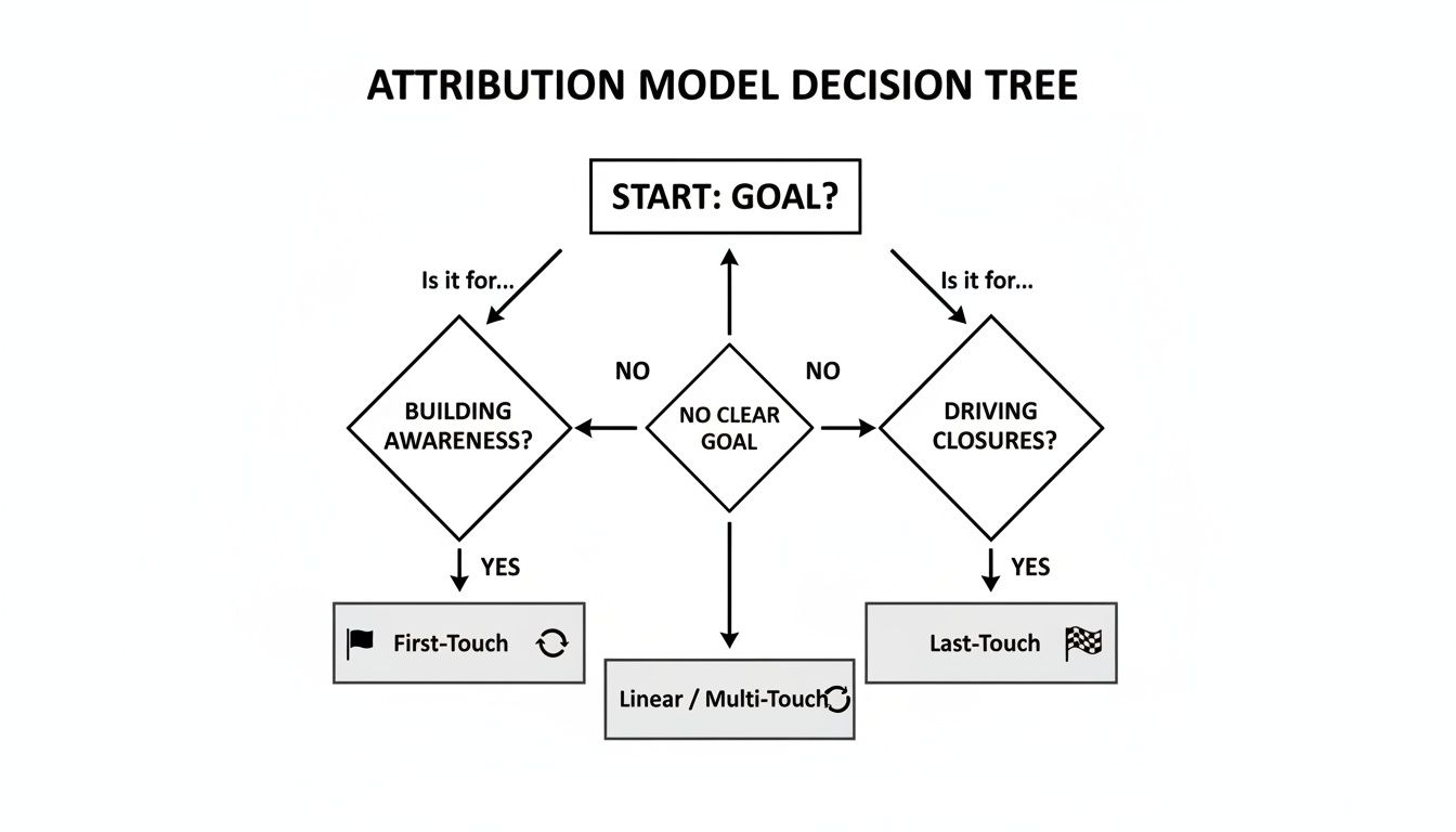 Flowchart for selecting marketing attribution models based on campaign objectives.